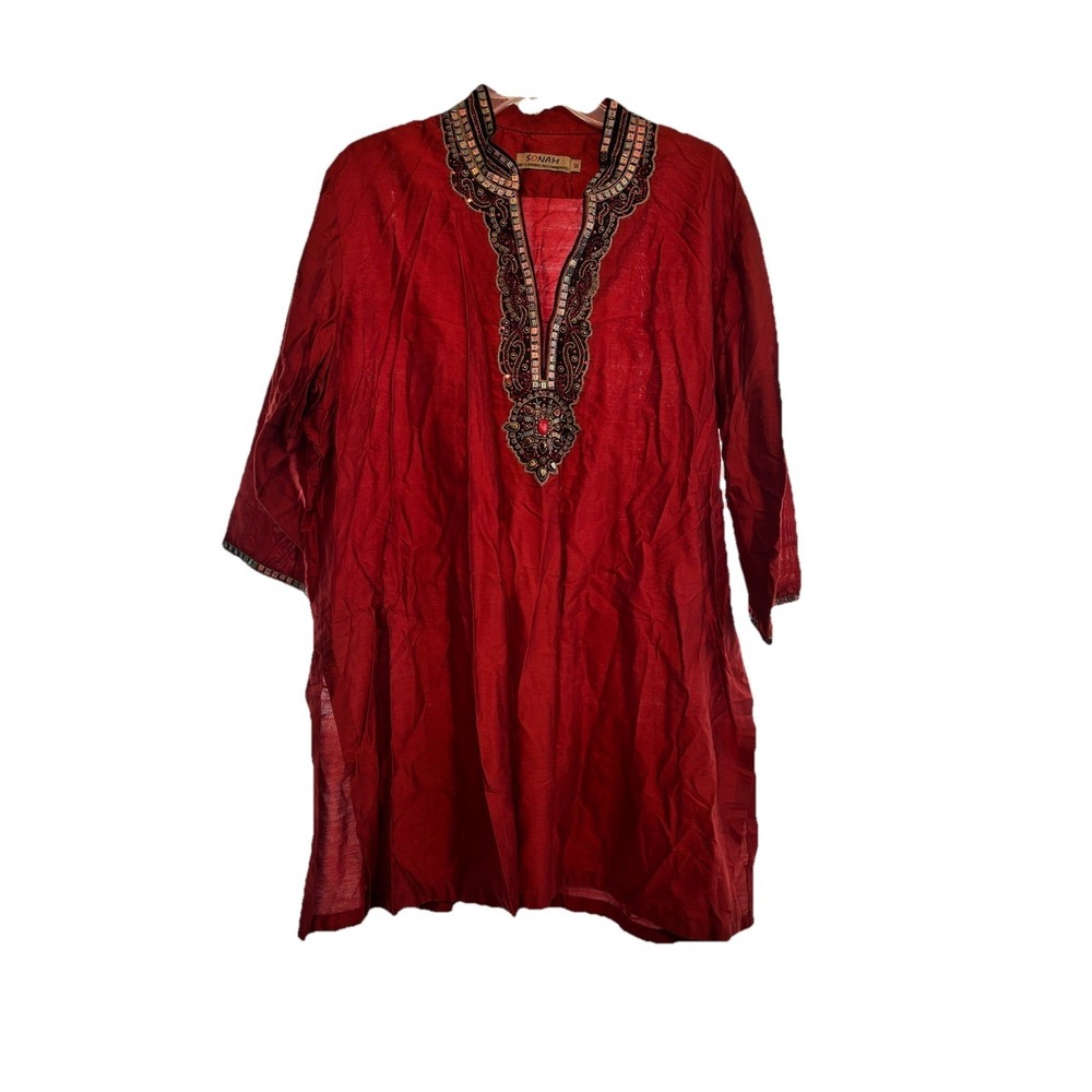 Sonam‎ Ethnic Wear Kurta Sz 50 Embroidered  Beaded Side Slits Burnt Orange
